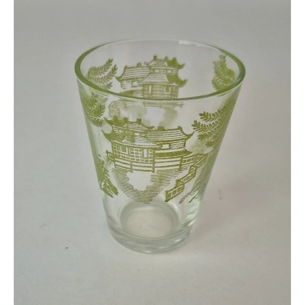 Federal Glass VTG Set of 5 Asian Pagoda Blue Willow Landscape MCM Shot Glasses